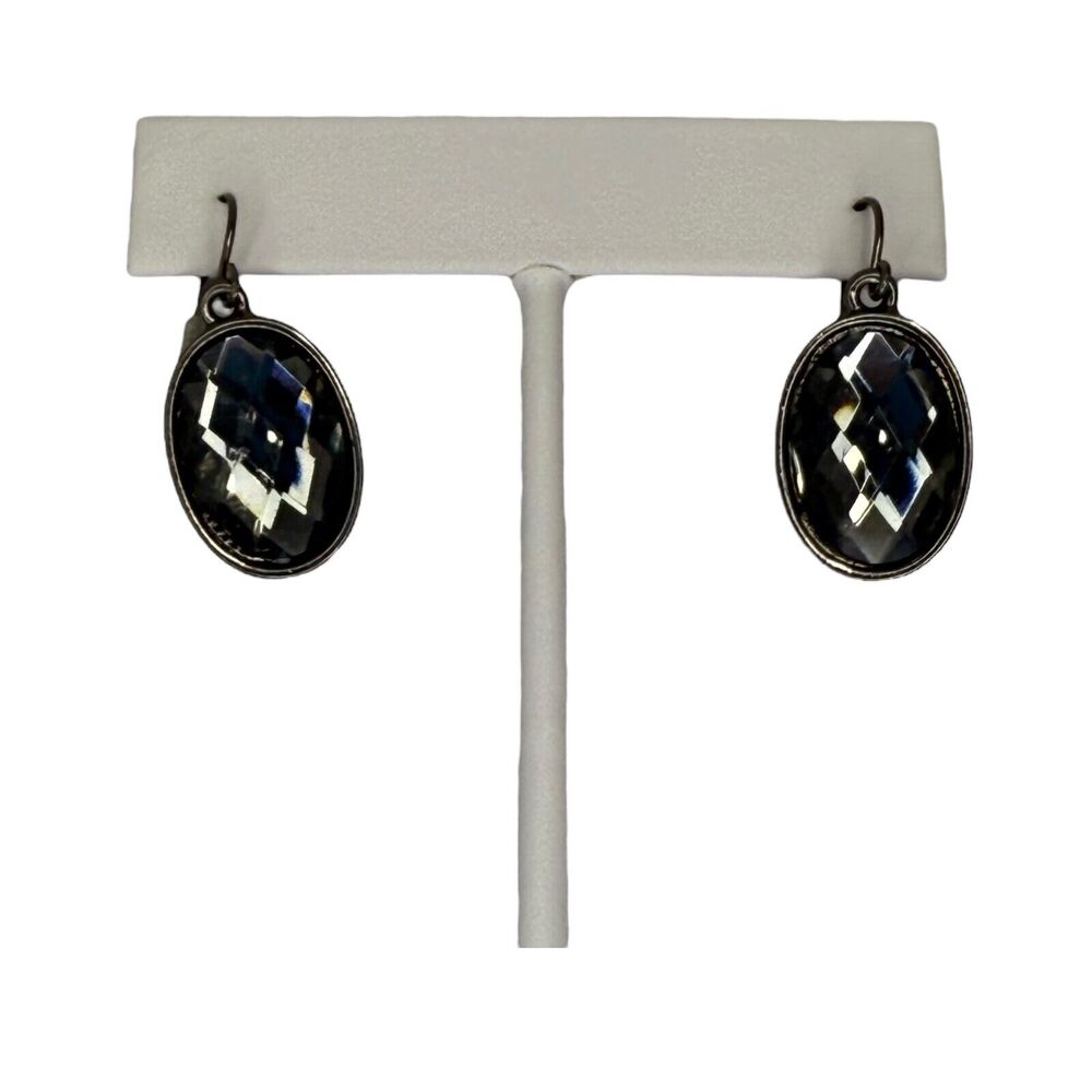 Vintage Metal Oval Faceted Stone Dangle Earrings Fish Hook Women's Jewelry - Picture 5 of 6